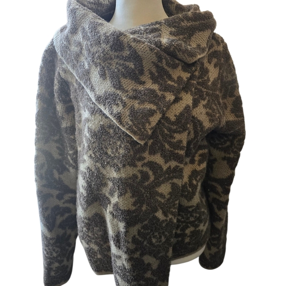 Chico's Women Ryder Cardigan Size 2 / L Brown Paisley Metallic Cowl Wrap Neck - Picture 3 of 9